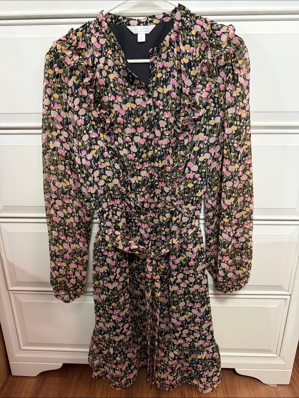 LC Lauren Conrad Black Floral Ruffle Tie-Waist Dress
